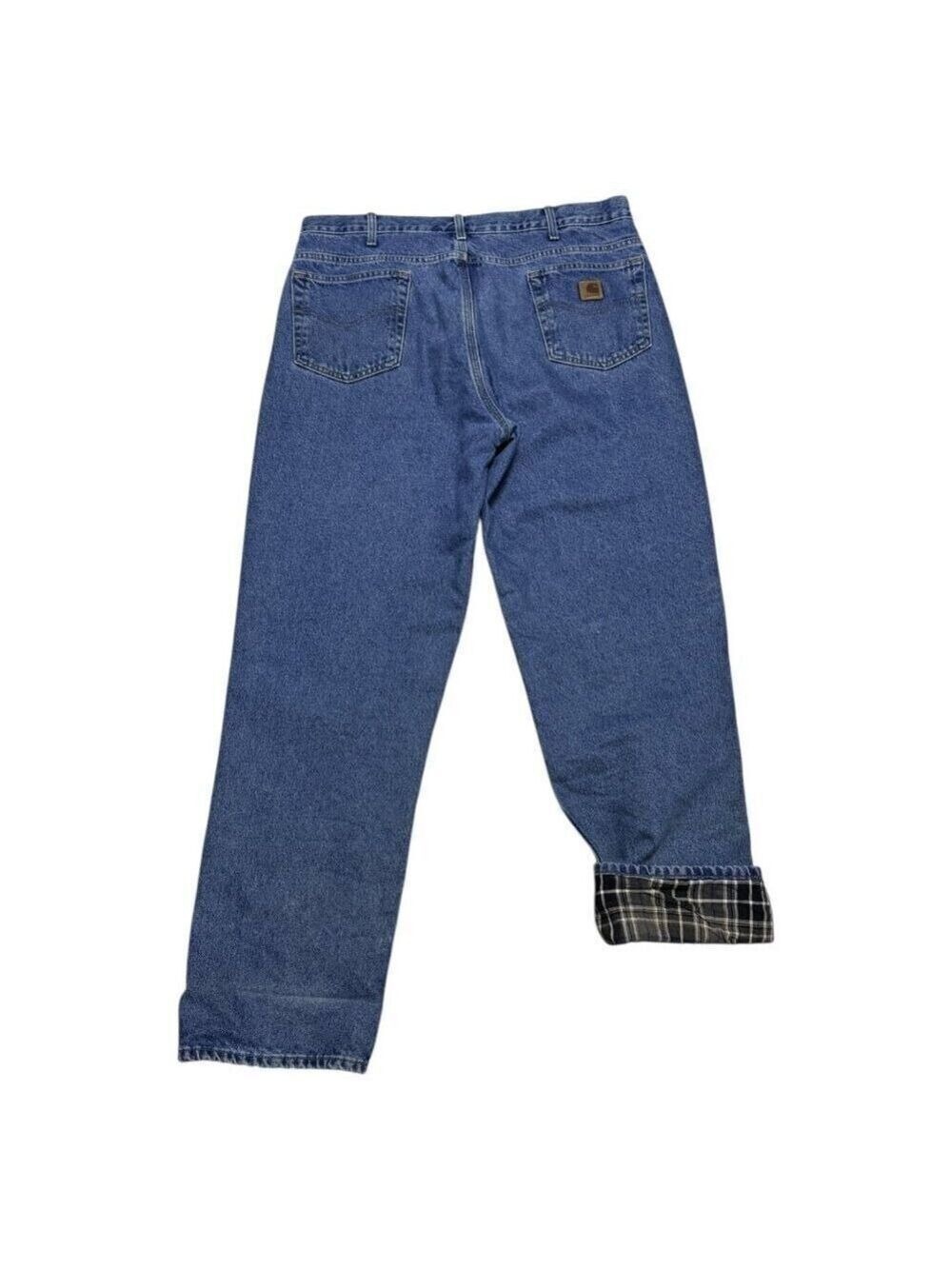 CARHARTT Plaid Flannel Lined Winter Work Denim Pants Jeans Mens 37x34